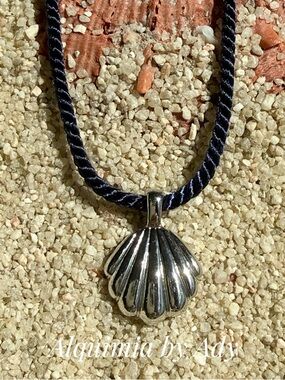 Alquimia Silver Shell Pendant on Navy Cord Necklace